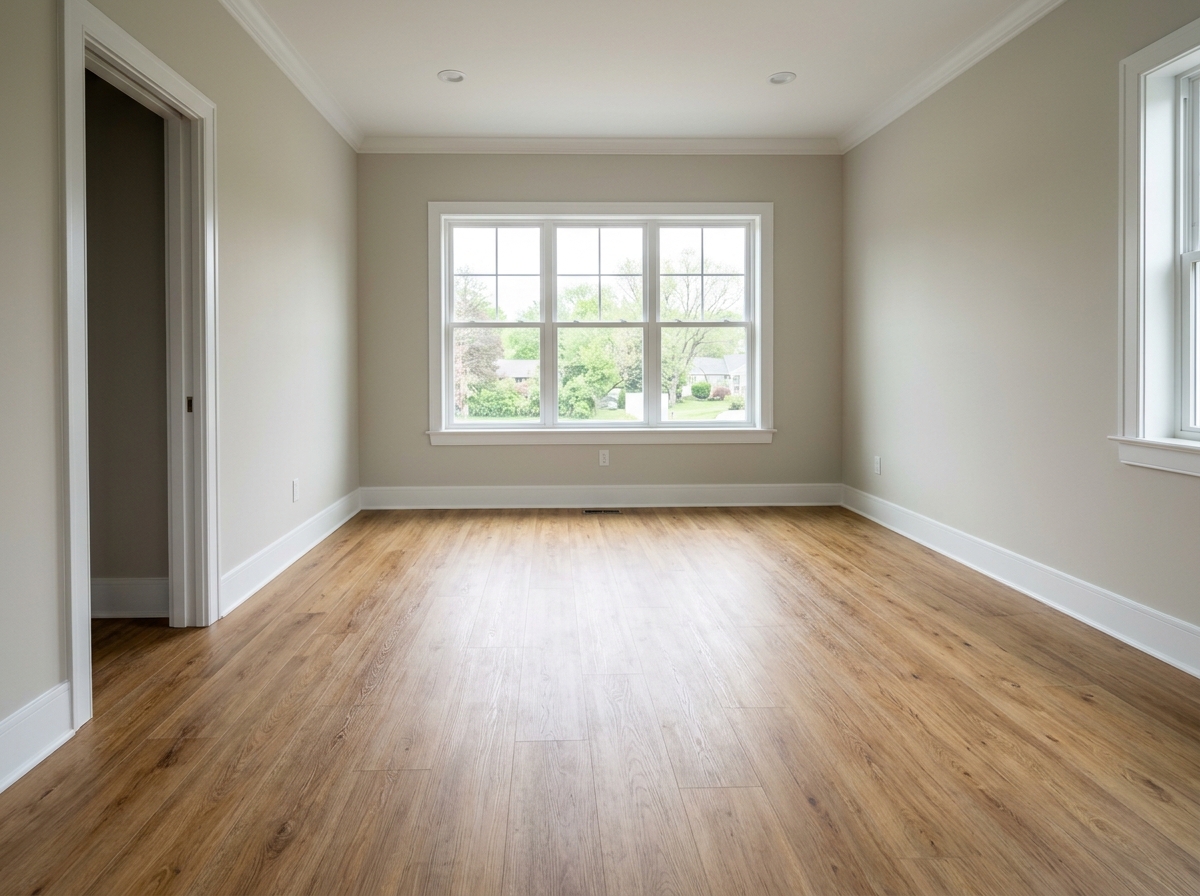 Newly installed flooring in a bedroom